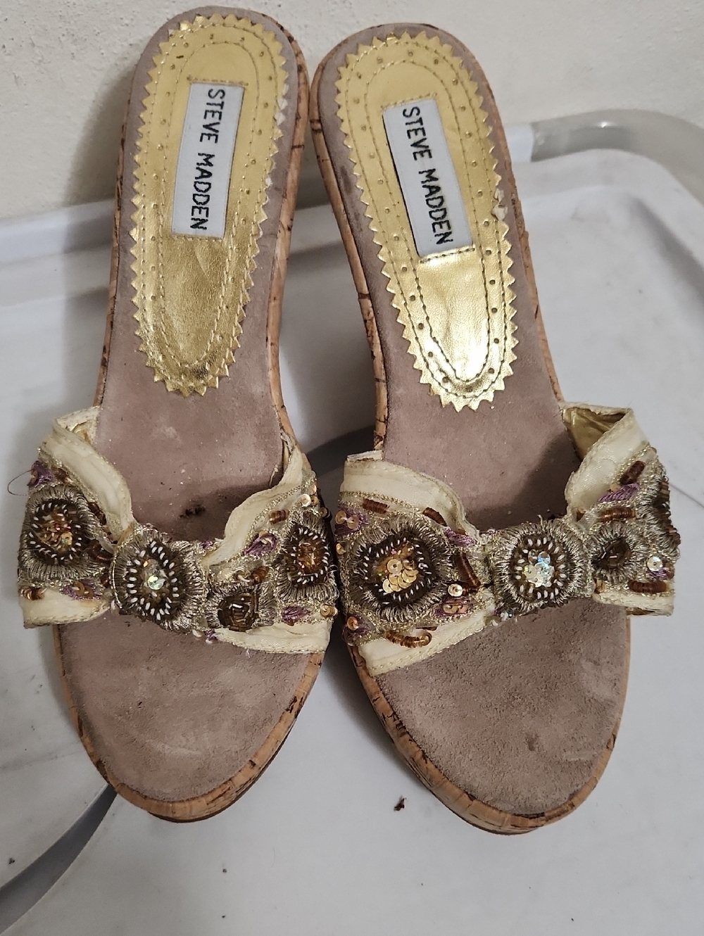 Steve Madden Cream and Gold Beaded Embellished Slide Mules